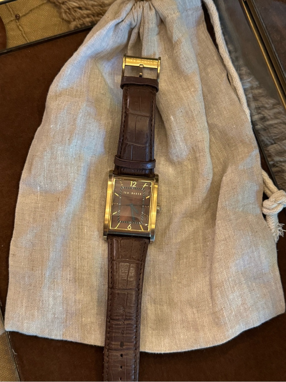 Vintage Ted Baker Brown Croc-embossed Leather Strap Square Gold-Tone Watch